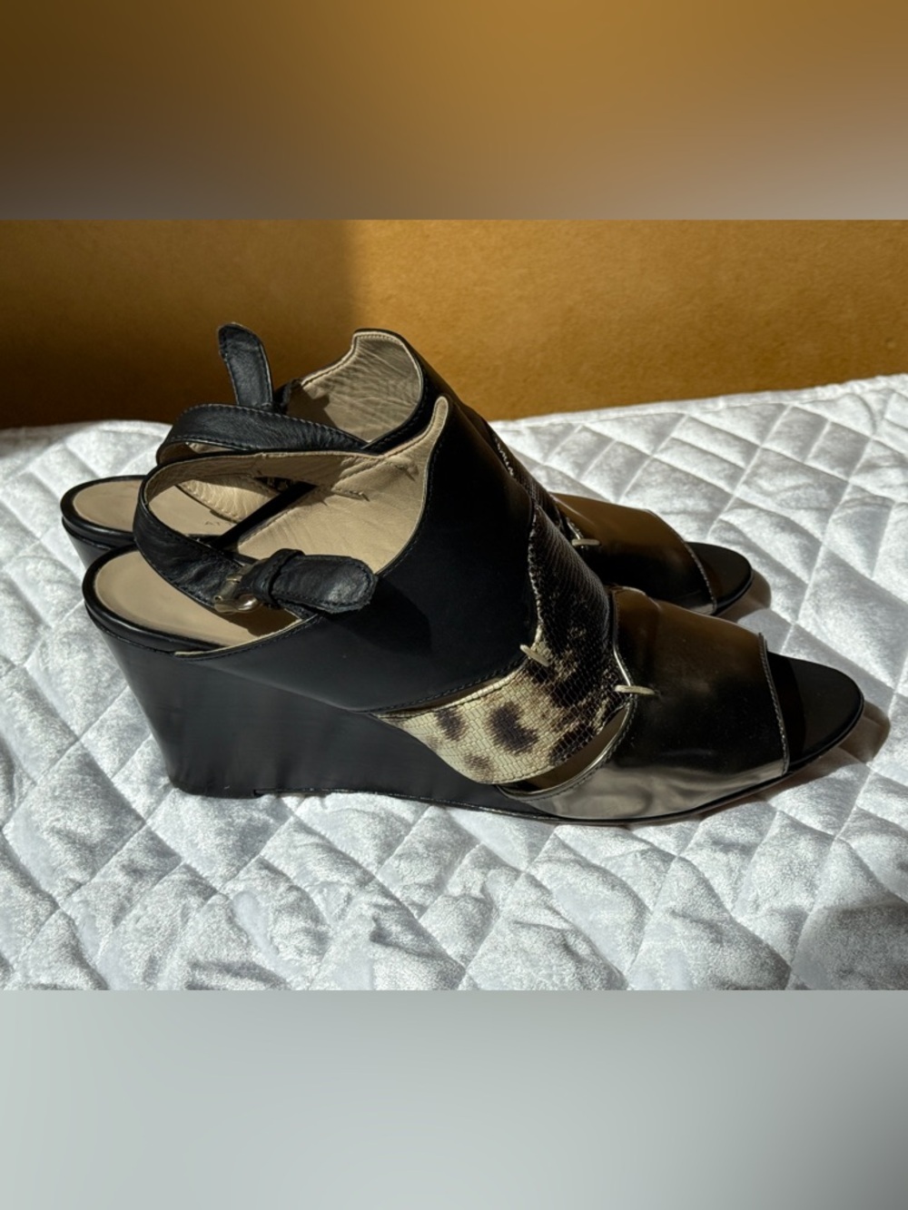 AGL Black Leather Wedge Sandals with Leopard Print Panel - Picture 4 of 10